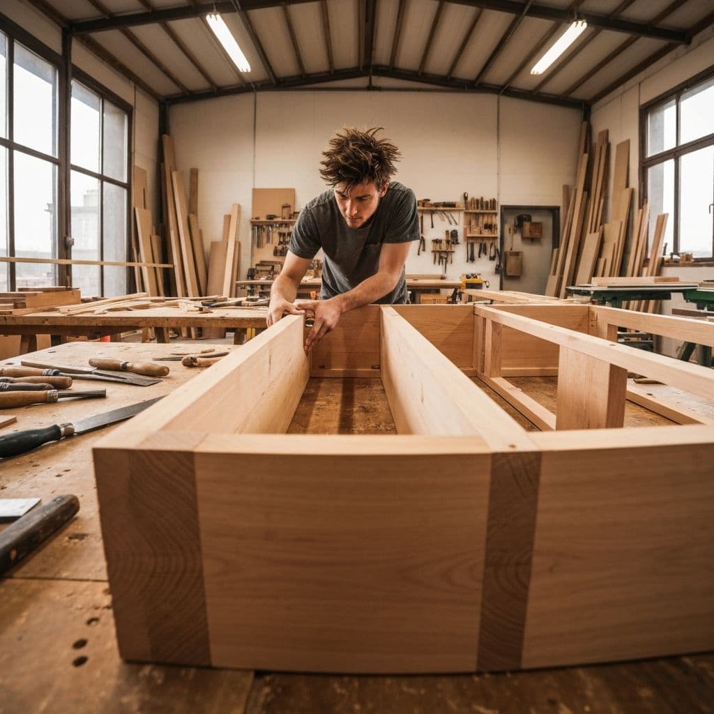 Custom hardwood sofa frame being built in Pilgrim Furniture workshop