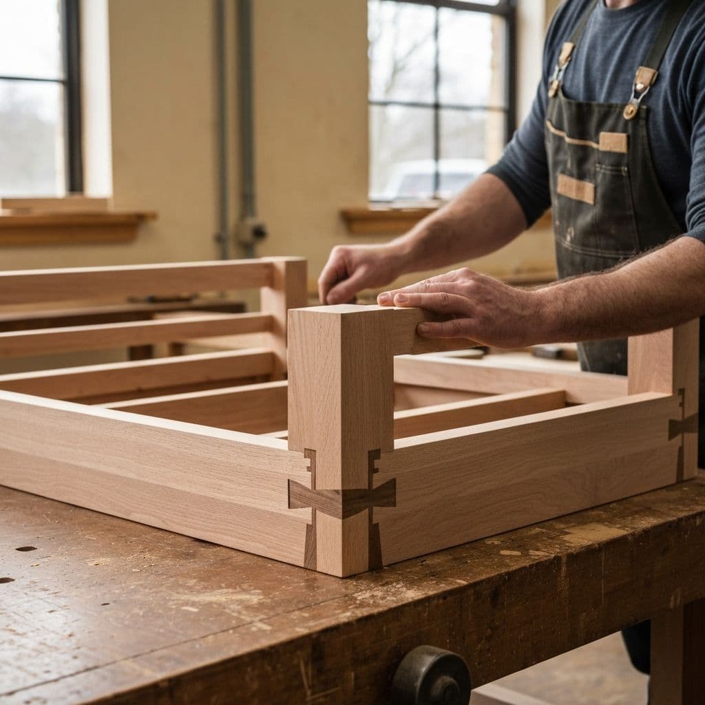 Hardwood sofa frame being constructed on workbench